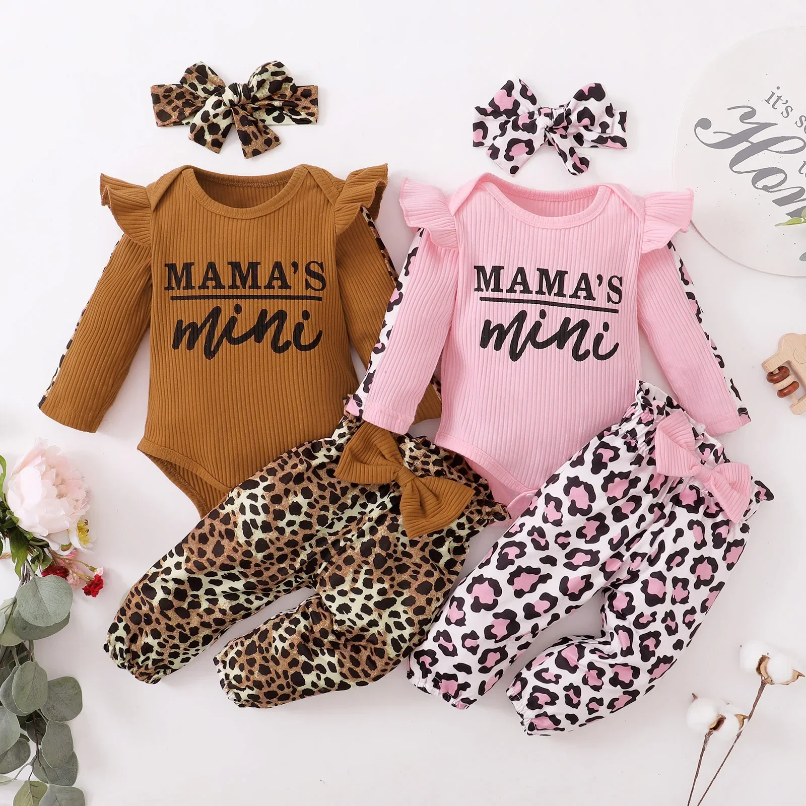 3Pcs Newborn Clothes Baby Girl Clothes Sets Infant Outfit Ruffles Romper Top Bow Leopard Pants New Born Toddler Clothing