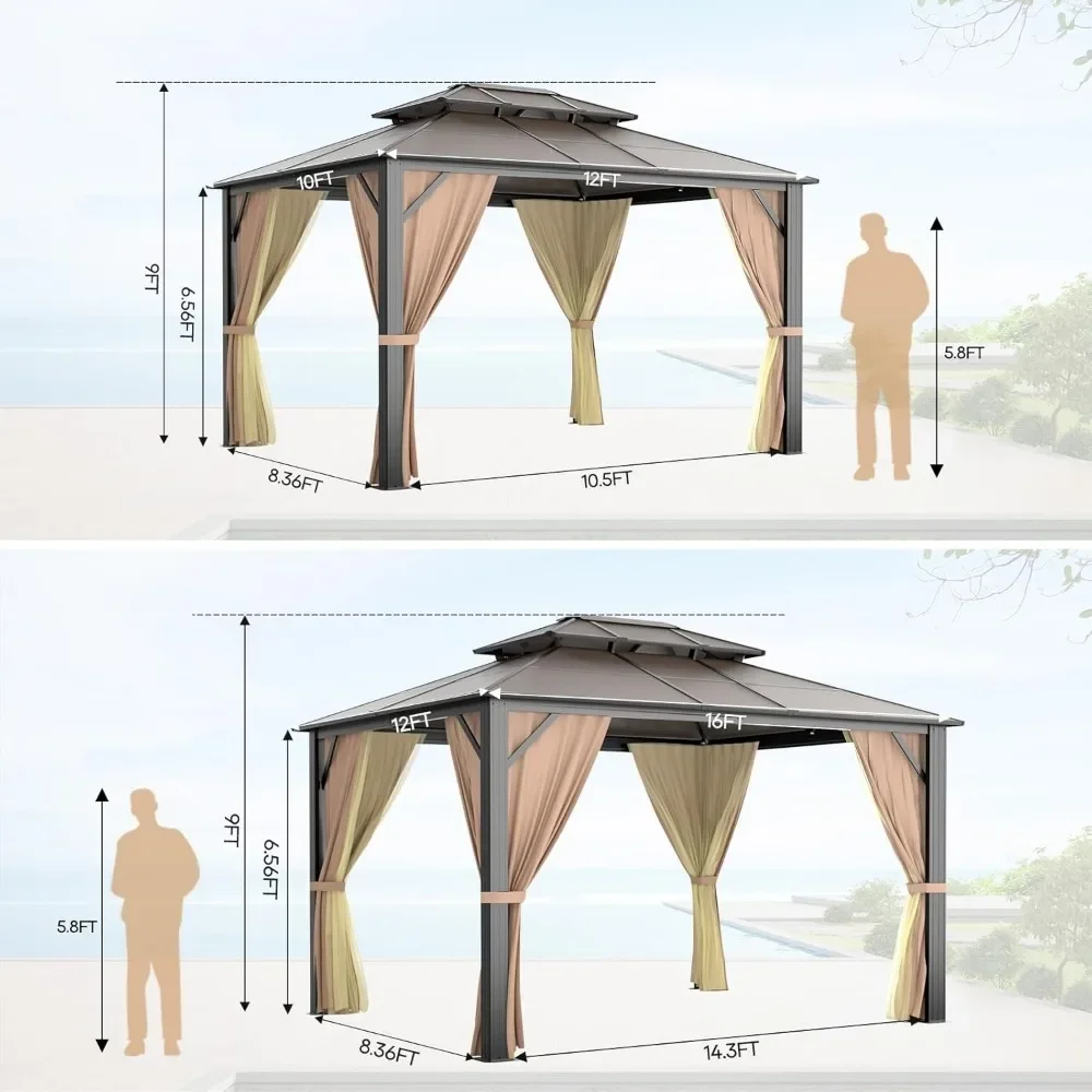 Hardtop Gazebo, Double Polycarbonate Roof Metal Canopy with Netting & Curtains, Outdoor Aluminum Frame Pavilion for Patios