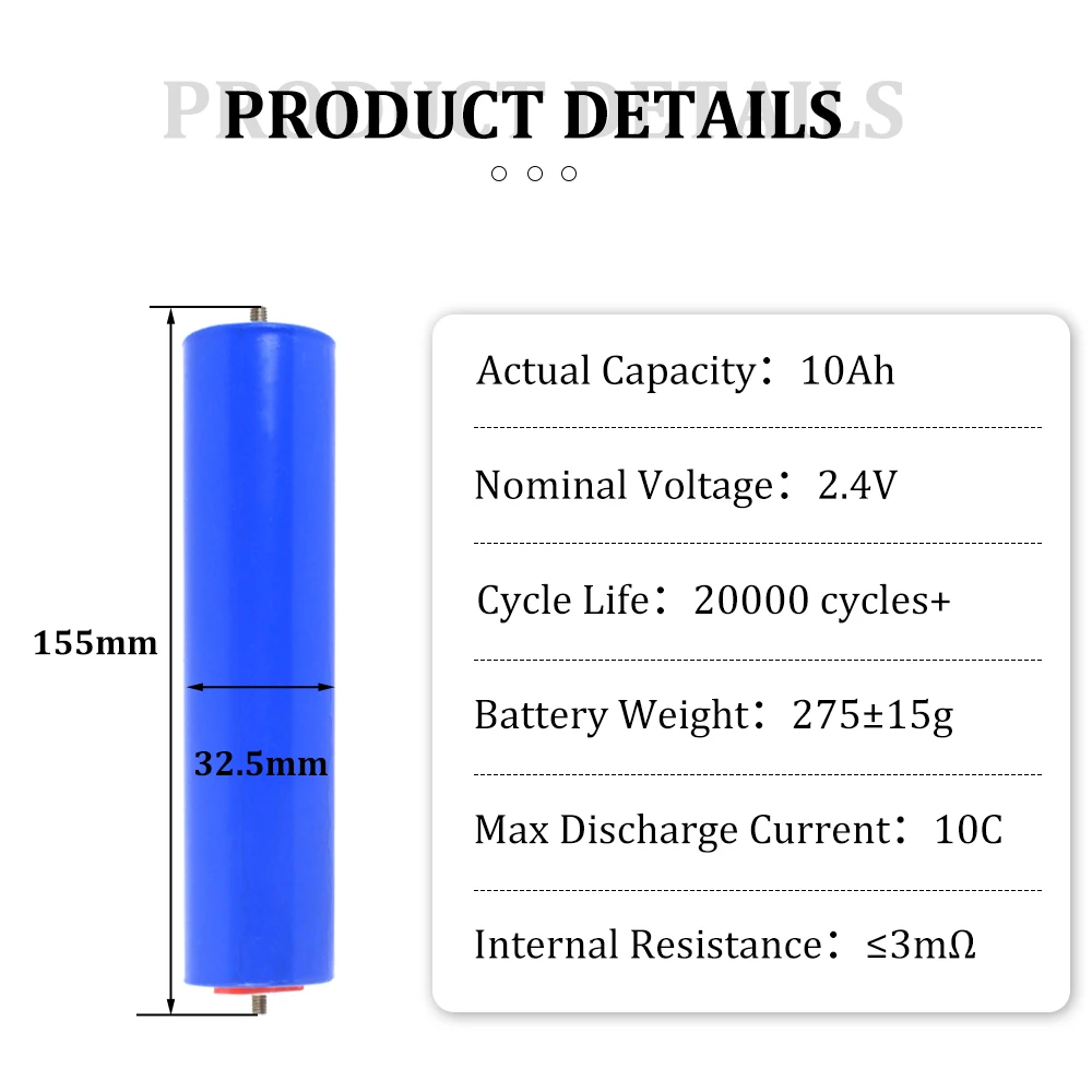 2.4V10Ah LTO Cells 32145 Cylindrical lithium titanate Batterie  10C Discharge 20000+ Cycle Rechargeable LTO Akku