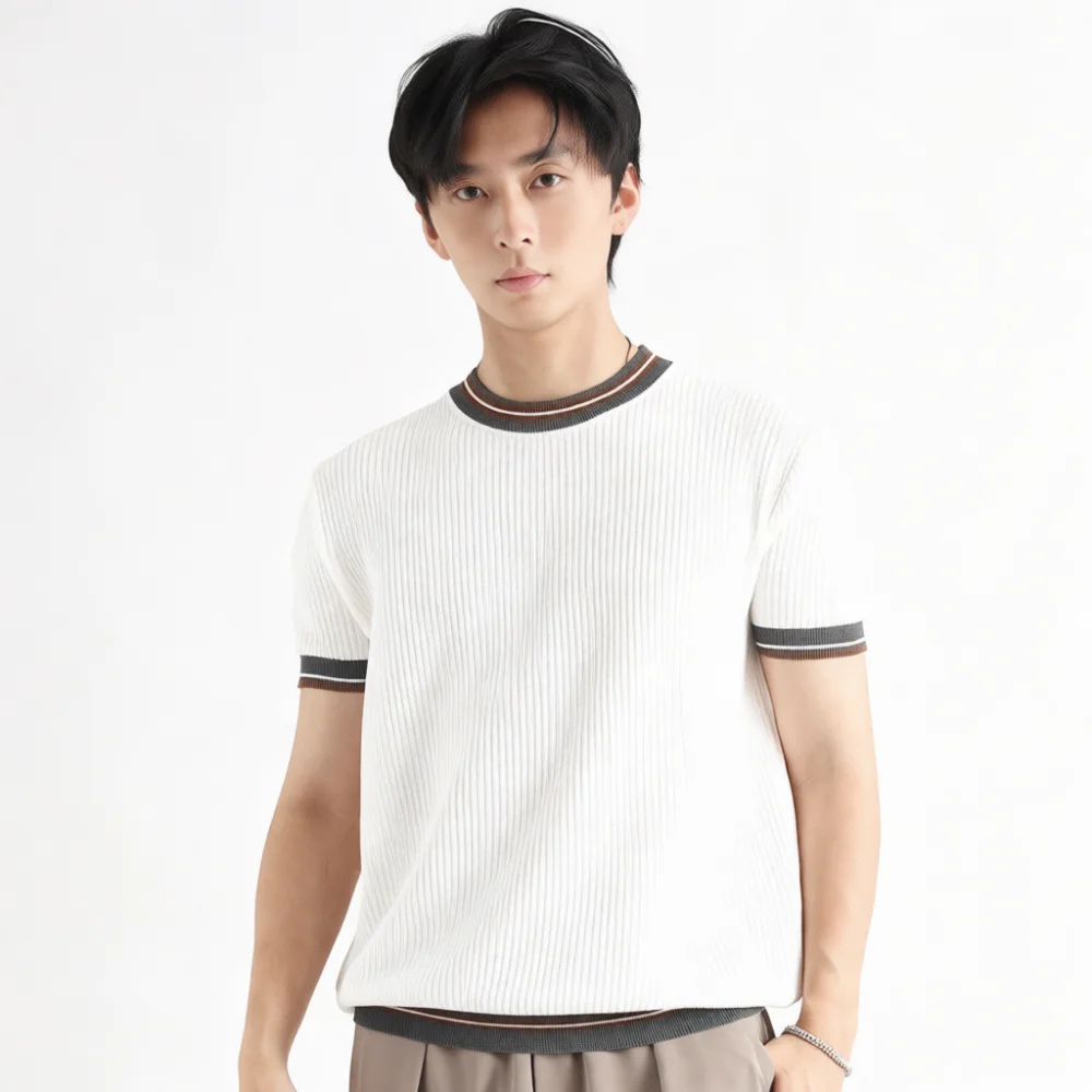 Mens Short Sleeve Knit T Shirt Ice Silk Summer Casual Luxury Tee High Performance Breathable Slim Fit Clothing Top
