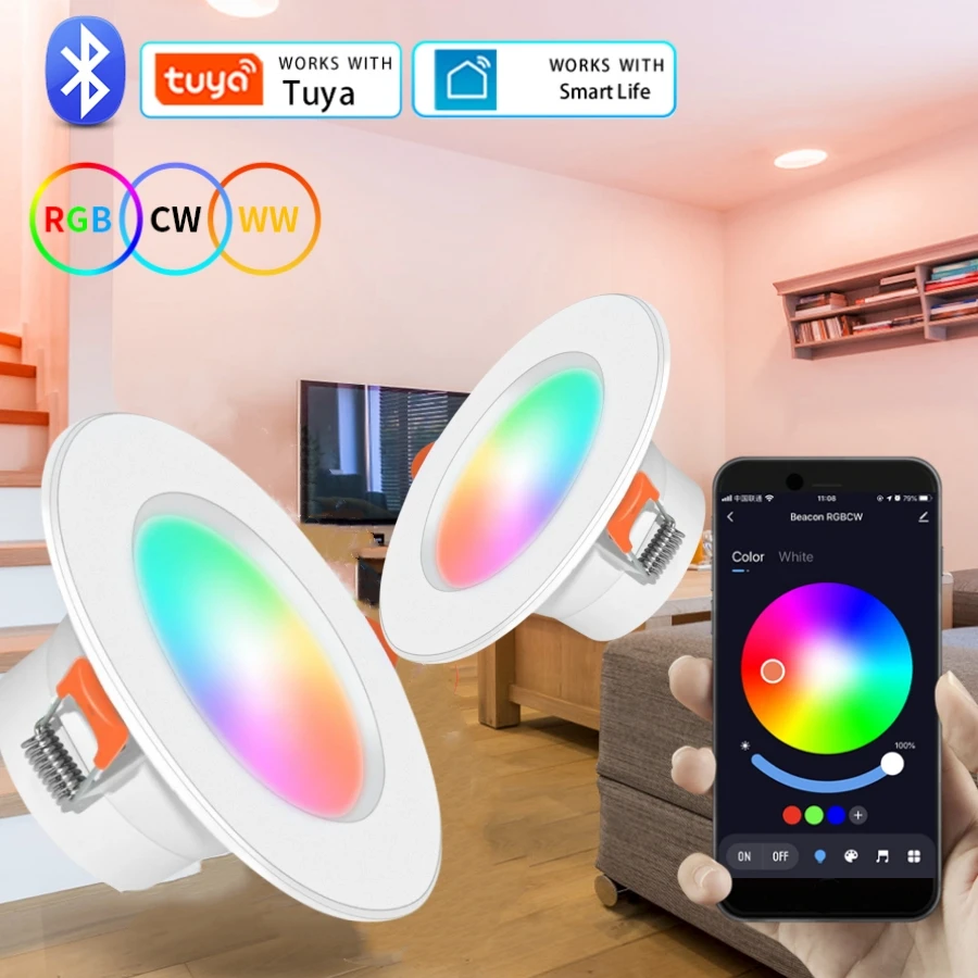 Tuya Smart LED Downlight, Plafonnier LED Bluetooth, 85-265V, Dimmable RGB, CW Spot Lamp, Télécommande, Smart Life, 10W, 15W