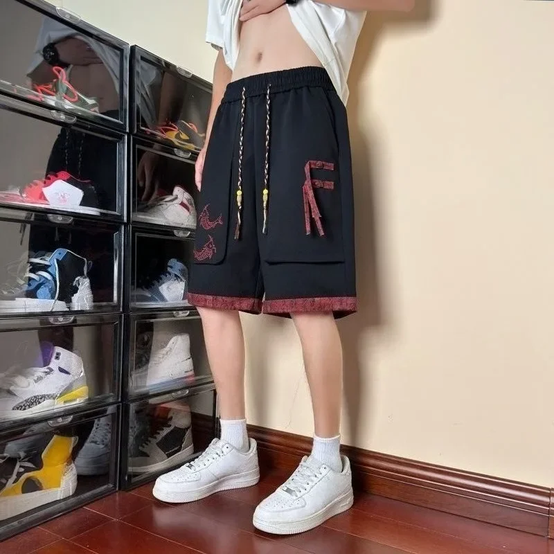 With Pockets Draw String Long Men's Cargo Shorts Button Elastic Waist Baggy Black Loose Bermuda Half Male Short Pants Wide Nylon