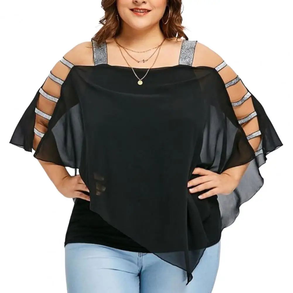 Sexy Fashion Plus Size Tops Women Ladder Sling Cut Overlay Patchwork Hollow Out Blouse Strapless Tops Flare Sleeves Blouse