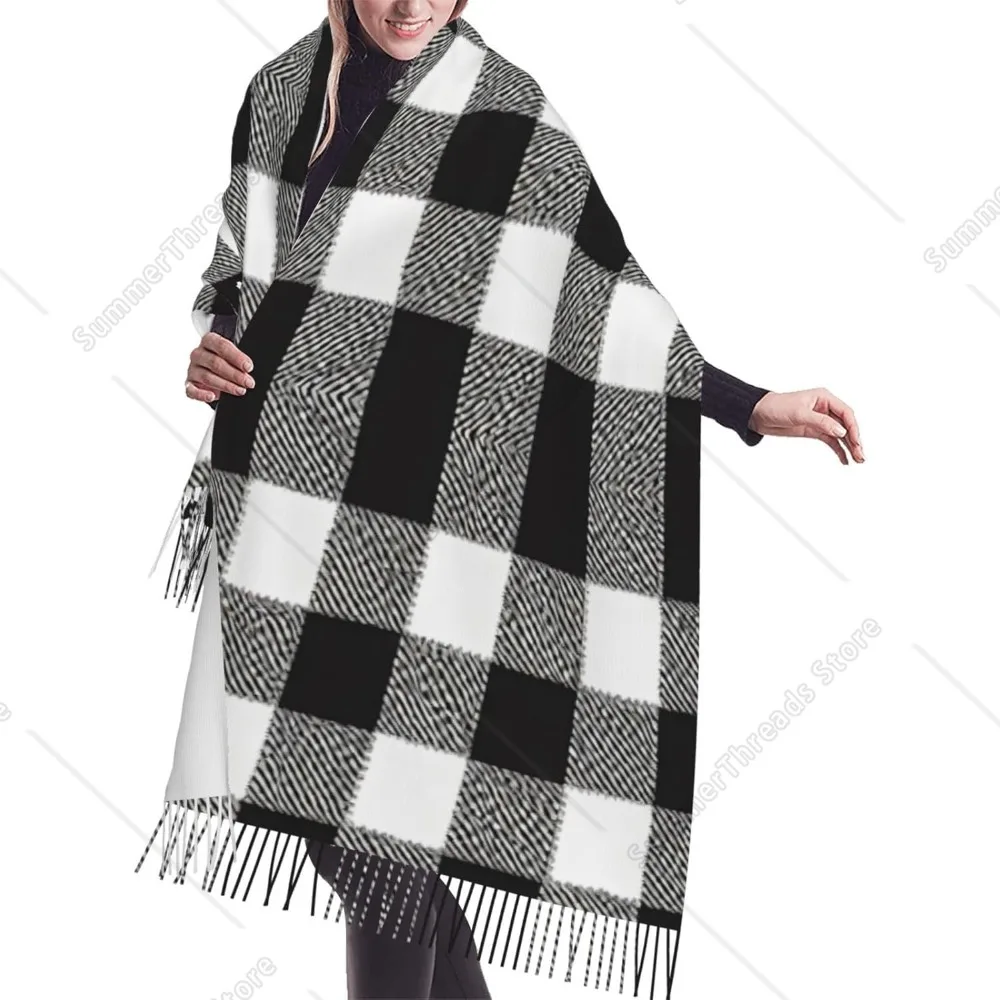

Black and white plaid Women'S Super Soft Classic Tassel Cashmere Winter Warm Cashmerette Fringed Scarf For Spring Fall Winter