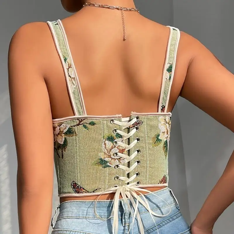 39BB Laceup Tied Waspie Female French Flower Pattern Corset Women Cosplay Accessory