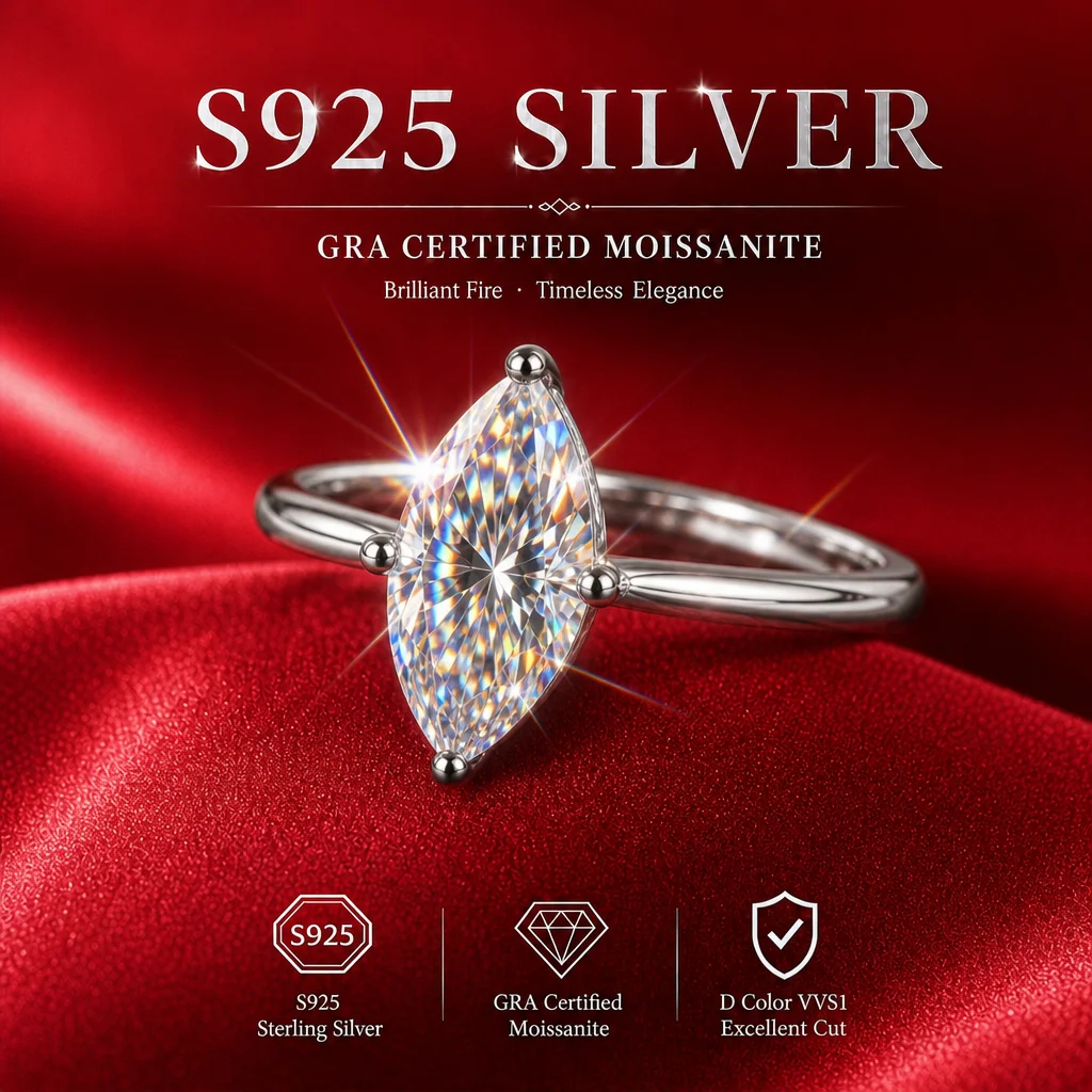 18k Gold Adjustable Moissanite Ring Sparkling Marquise Design S925 Sterling Silver with GRA Certificate Diamond Tester Approved