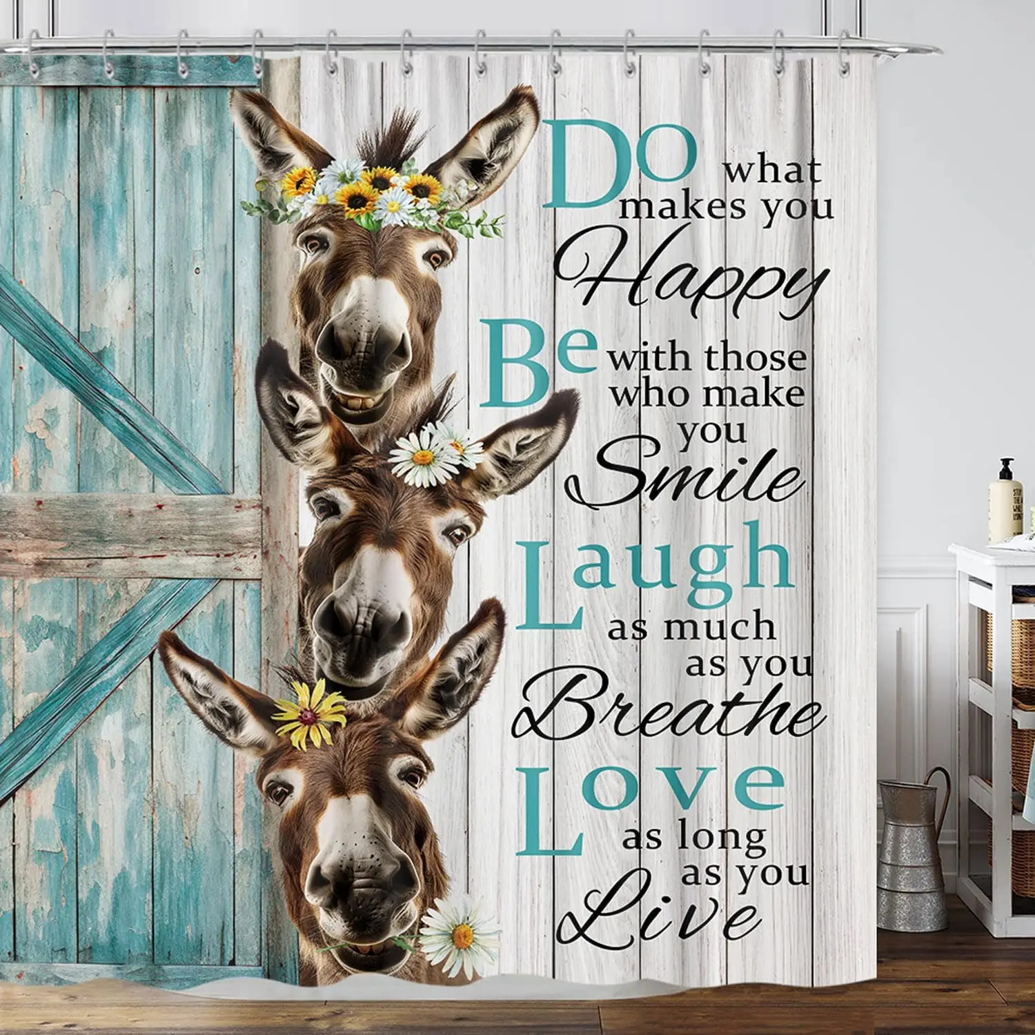 

Happy Donkeys Inspirational Quote Shower Curtain Bathroom Decor Waterproof Fabric Unique Design for Home Accessories