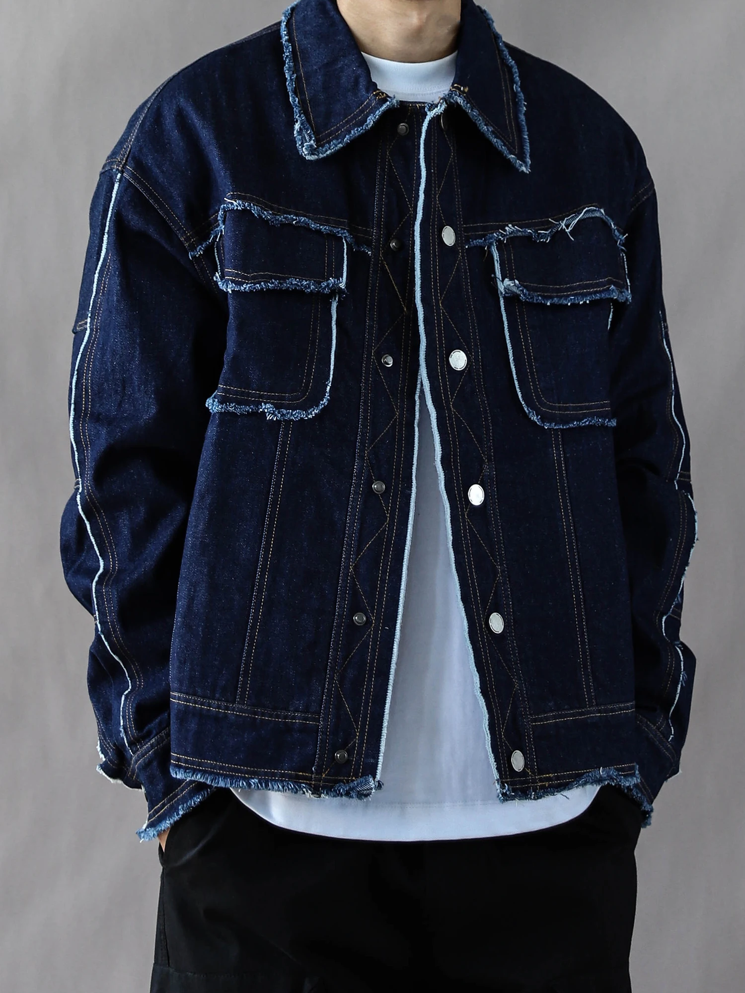 

Мужская джинсовая куртка в американском ретро-стиле, весна-осень, свободного кроя, повседневная, с длинными рукавами, с воротником, синяя, модная, из смесового хлопка