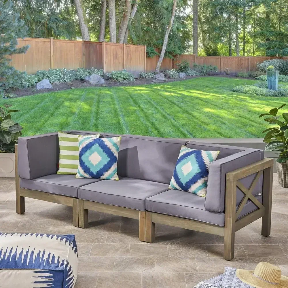 3-Seat Acacia Wood Outdoor Sofa Set with Water-Resistant Gray Cushions