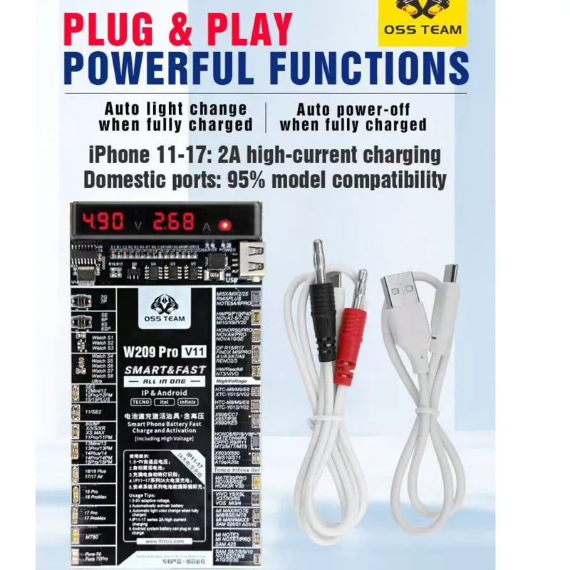 

OSS W209Pro V11 Phone Battery Quick Charging Activation Tool iPhone17/17Pro/17Pro Max/iP Air Automatic Power Off Charging Tester