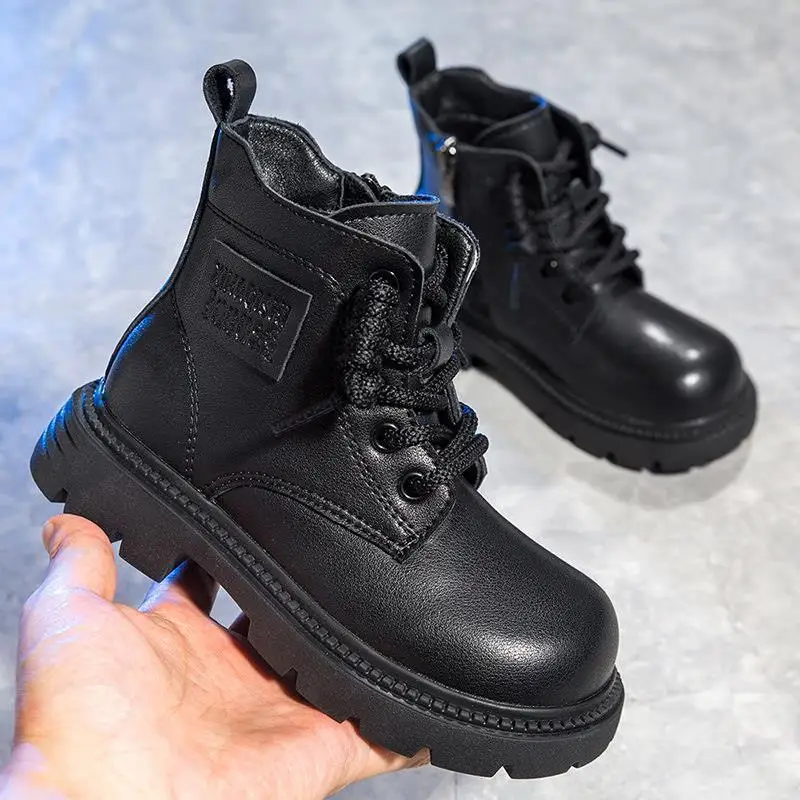 Kids Boys Girls Winter Boots 2026 British Style Warm Fleece Lined Leather Ankle Boots Fashion School Shoes for Children