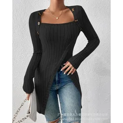 Women's Square Collar Lace Long Sleeve Split Top 2023 Autumn Winter Top Women's Sexy Button Slim-Fit Knitted Top