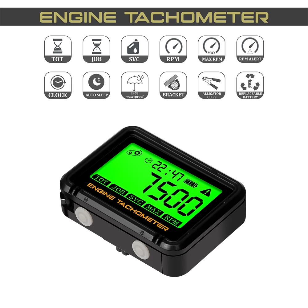 SVC TOT JOB Inductive Digital Tachometer Engine Hour Meter Gauge Backlight Resettable RPM for Gasoline Motorcycle ATV Lawn Mower