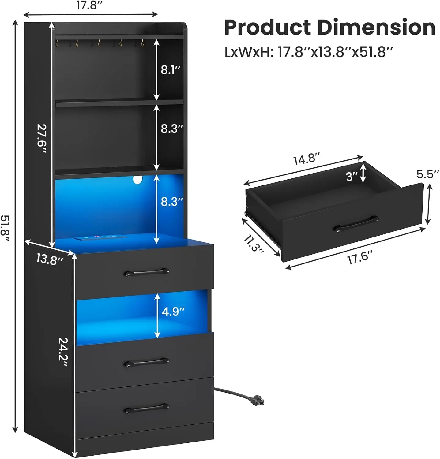 Wysoka szafka nocna VIAGDO z stacją ładującą i oświetleniem LED, duża czarna szafka nocna z półką na książki