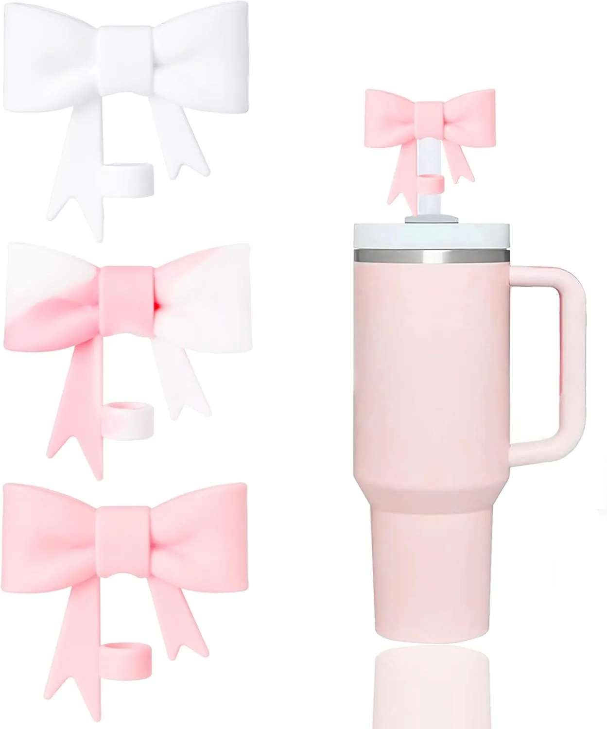 3 Pcs Classic Pink Bow Straw Covers Cap Toppers Compatible with Stanley 30&40 oz Tumbler Cups,Reusable Cute Silicone Straw Tips