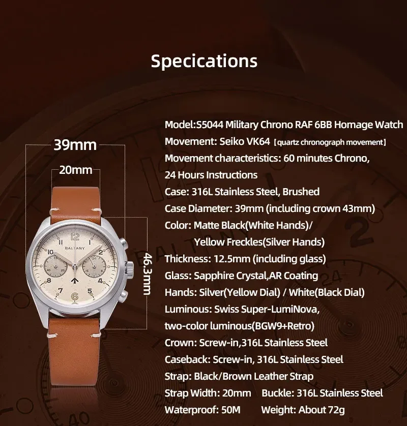 2023 New Baltany Men\'s Multifunction Quartz Watches Retro Military Chronograph Watch VK64 AR Sapphire 50M Waterproof Wristwatch