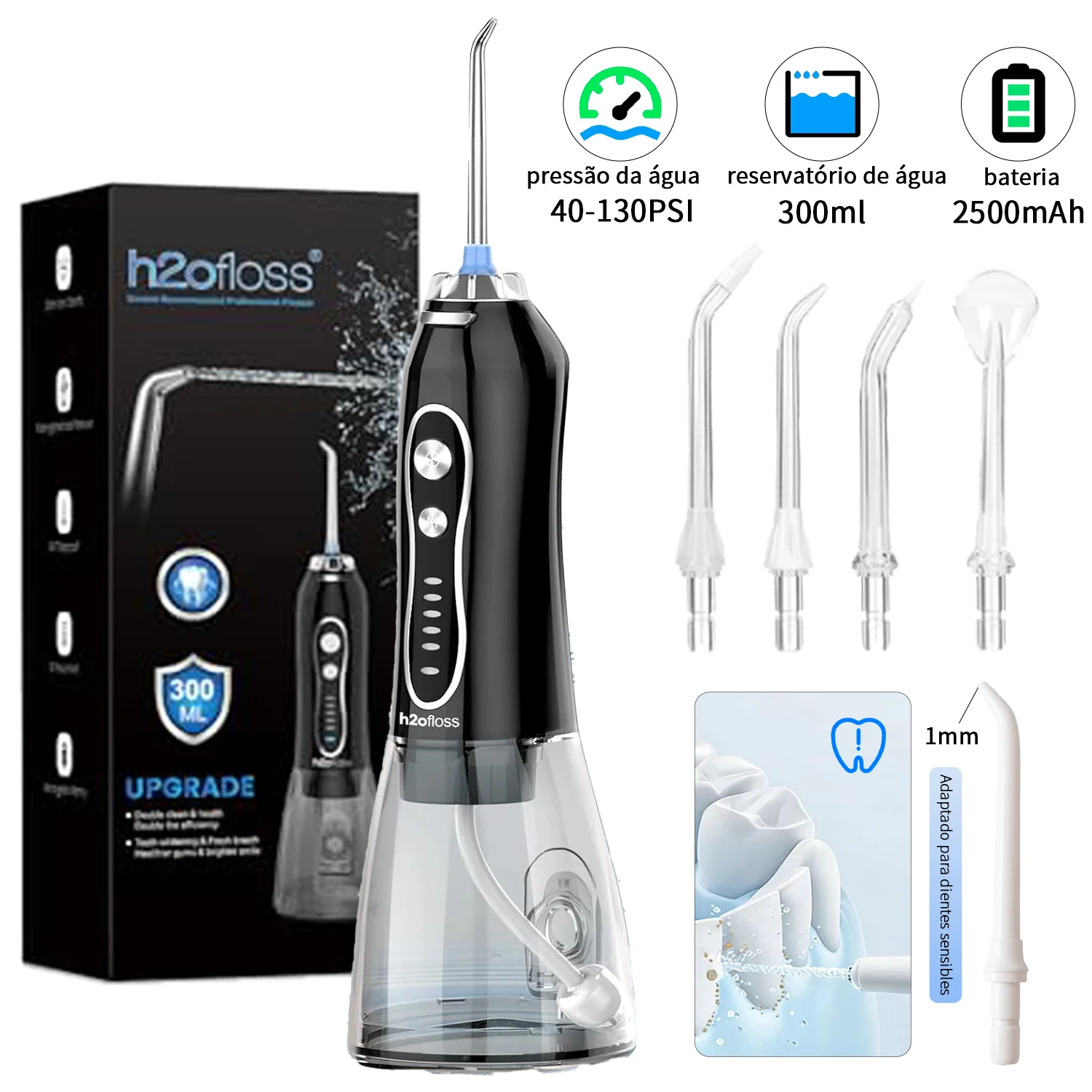 H2ofloss Water Flosser Sem Fio 140 PSI, 5 Modos, 5 Ponteiras, Reservatório de 300 ml, Bateria Recarregável USB 2500 mAh, Irrigador Oral Portátil para Limpeza dos Dentes