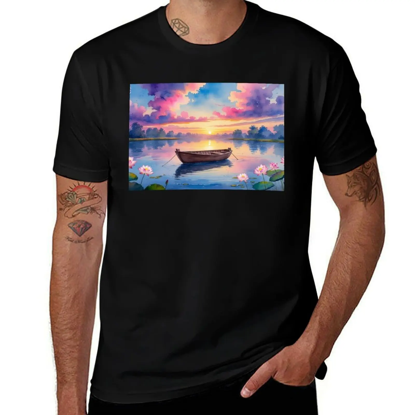 

Aesthetic Sunset Boat on Ocean – Calm Nature Landscape Art Print T-Shirt tees graphic tee shirt vintage t shirt men