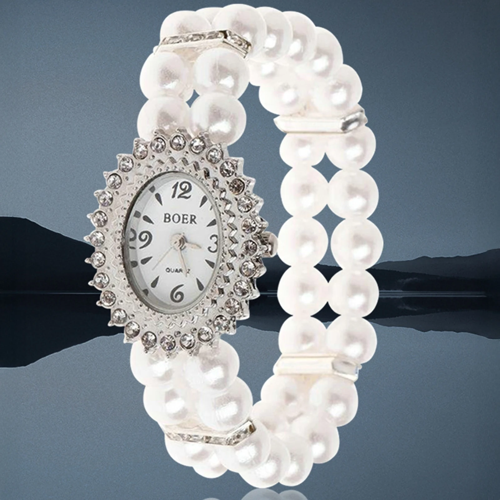 Women's Quartz Wrist Watches Double-Row Imitation Pearl Elastic Bracelet Watch for Women Birthday Holiday Gift