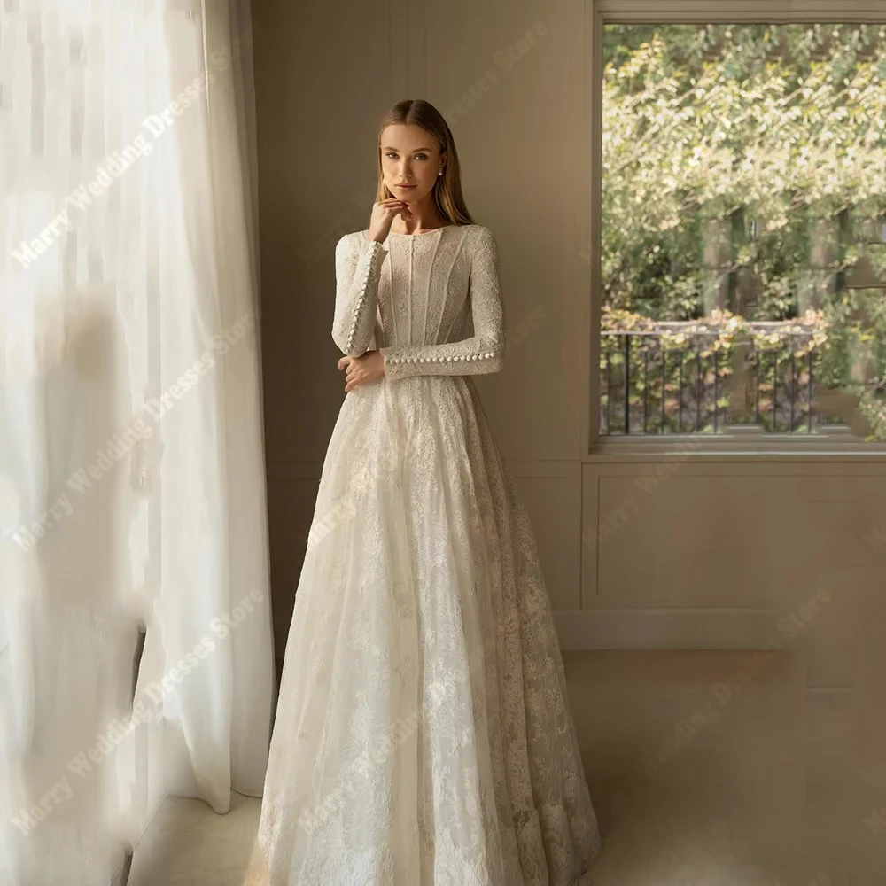 Gaun Pengantin Wanita Sederhana nan Indah, Gaun Pengantin Mewah Berkerah O Lengan Panjang untuk Acara Formal, Vestido Para Mujer, Dapat Dipesan Sesuai Ukuran