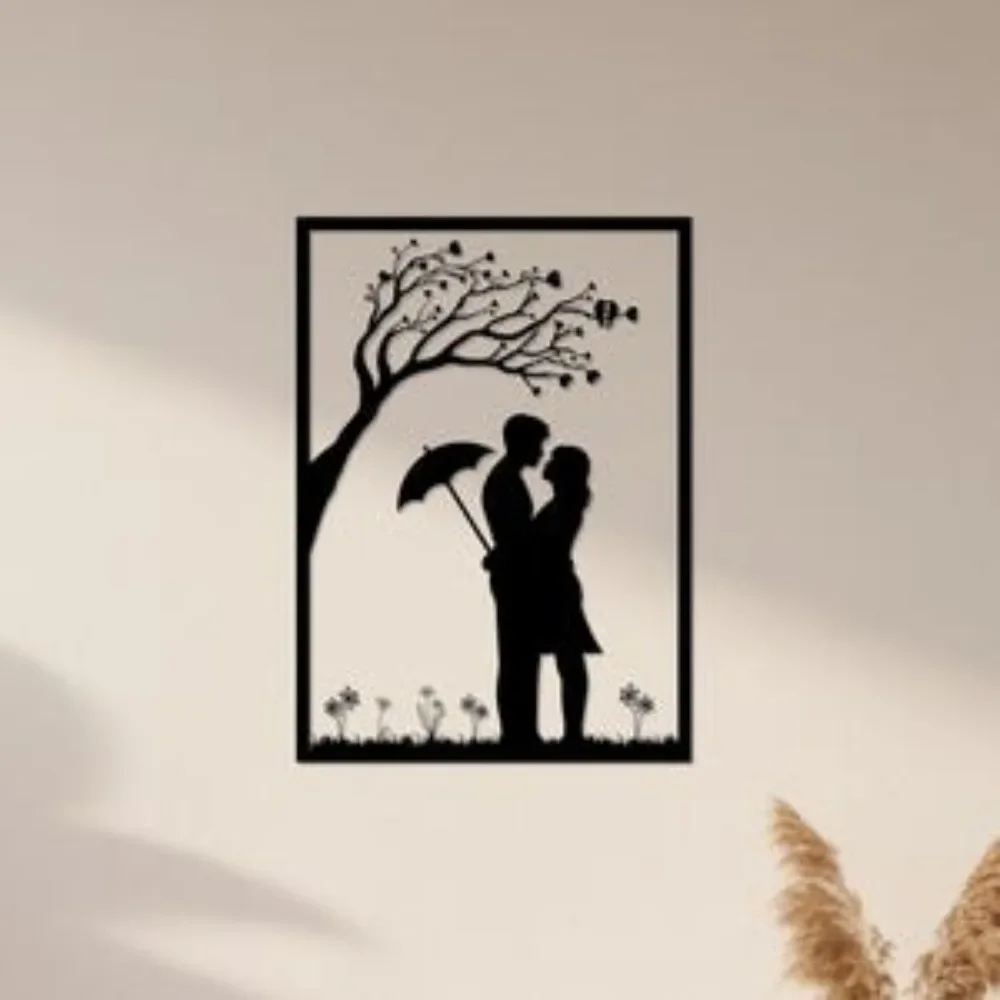 1pc Romantic Couple Tree Silhouette Metal Wall Art, Handmade Sculpture