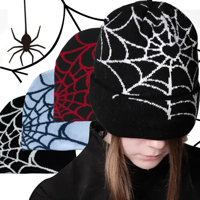 Fashion Knitting Spider Web Design Hat for Men Women Pullover Pile Cap Y2k Goth Warm Beanie Hats New Hip-hop Street Cap