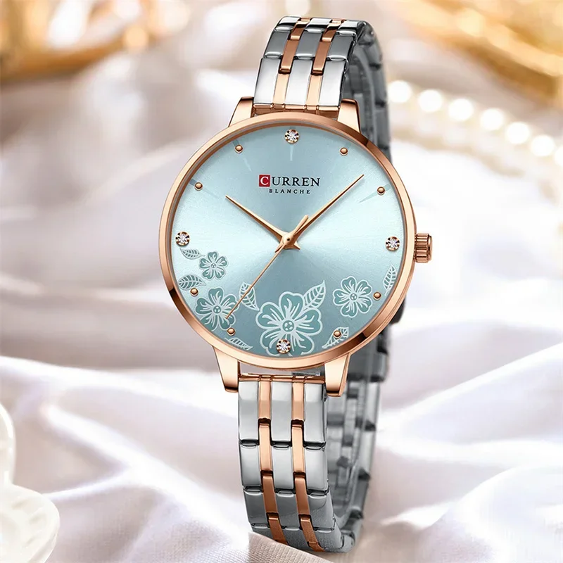 CURREN 9068 Casual Women's Quartz Watch Elegant Flower Dial Girl Bracelet Waterproof Steel Strap Simple Fashion Wristwatch Lady