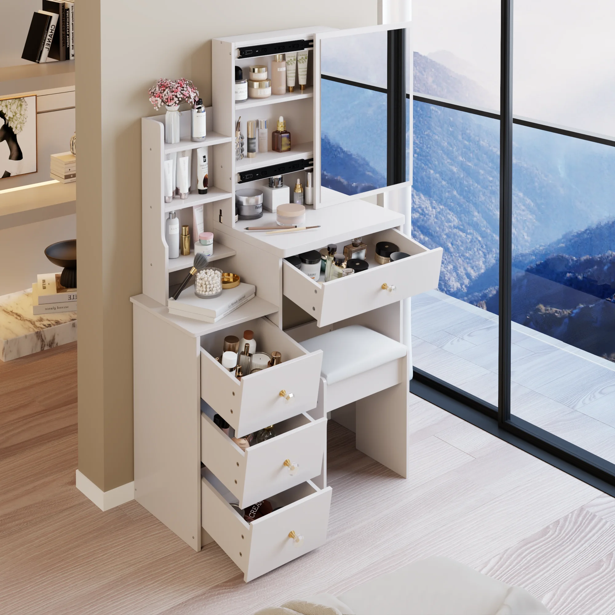 Small Space Left Bedside Cabinet Vanity Table  Cushioned Stool, Extra Large Right Sliding Mirror, Multi Layer High Capacity Storage, Practical Fashionable Dresser, EPA, GCC, UL Certificate