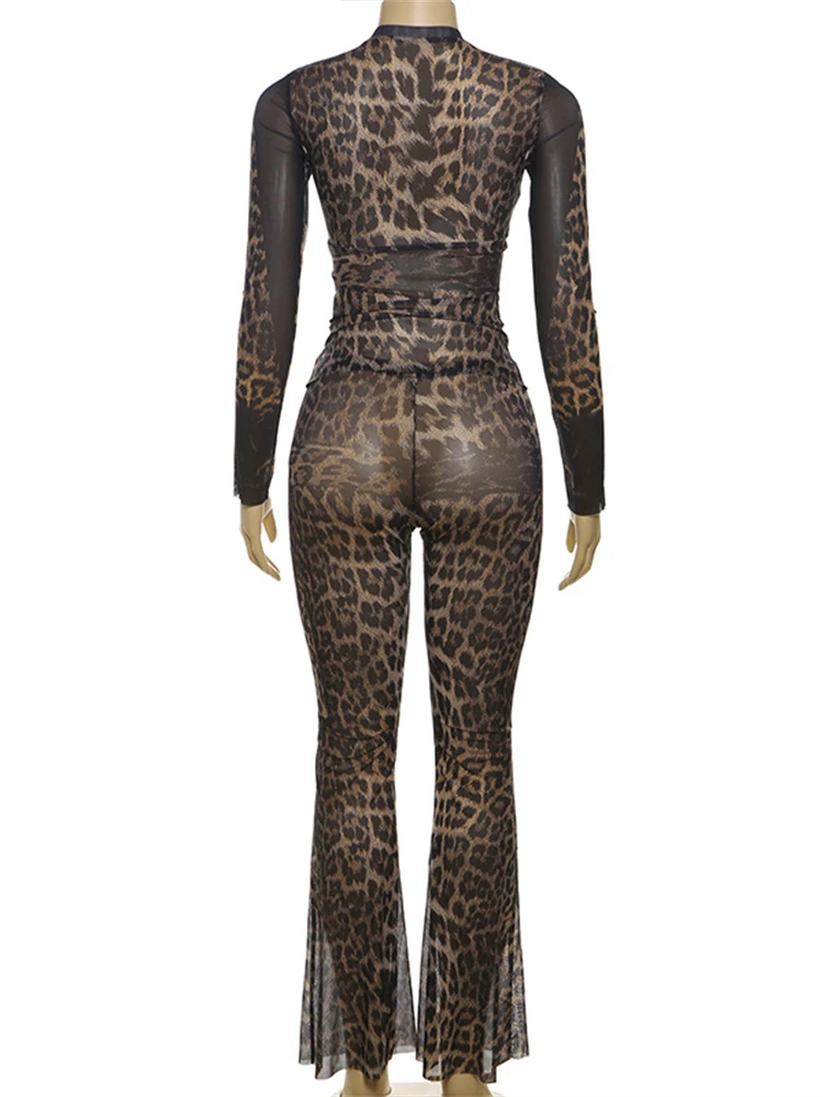 Akaily Autumn Hipster Leopard Print Mesh Spodnie Zestawy Night Party Dla Kobiet 2024 Sheer Skinny Crop Tops + Rozkloszowane Spodnie Dopasowane