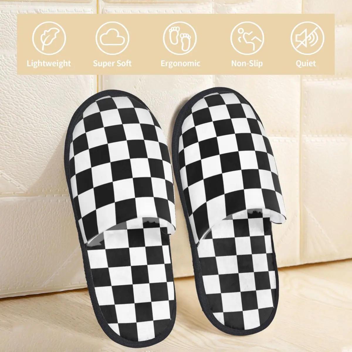 SKA Checker Black White Chess Two Tone Music Slippers Anti-skid SKA-Rock 2 Tone Cozy Household Fur Slides Slippers Living Room