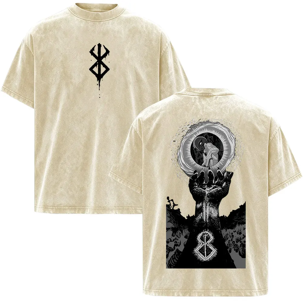 Anime Berserk Guts Griffith Vintage Washed T-Shirts Herren Damen Kleidung Baumwolle Lässiges Oversize Kurzarm-T-Shirt Streetwear – Detail 5