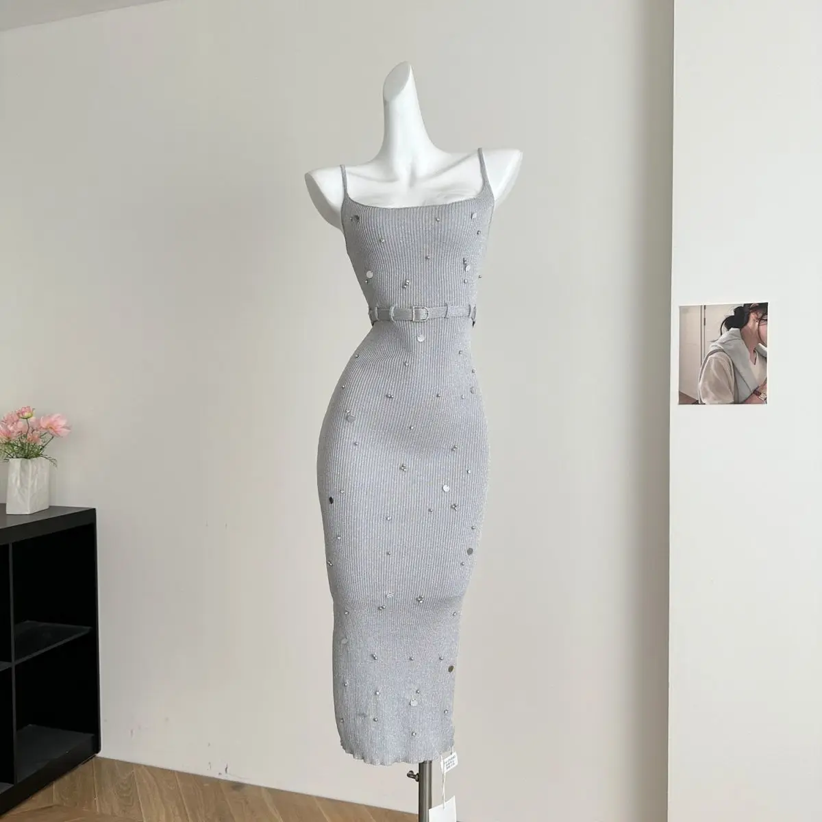 

Sexy Knitting Split Long Dress Sleeveless Sequins Diamonds With Sashes Skinny Sundress 2025 Fashion Women Summer Dress
