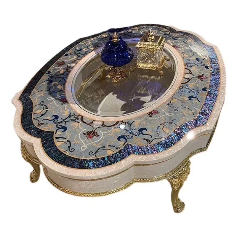 Colorful Shell Mosaic Oval Tea Table Luxury Solid Wood Carved Tea Table Villa