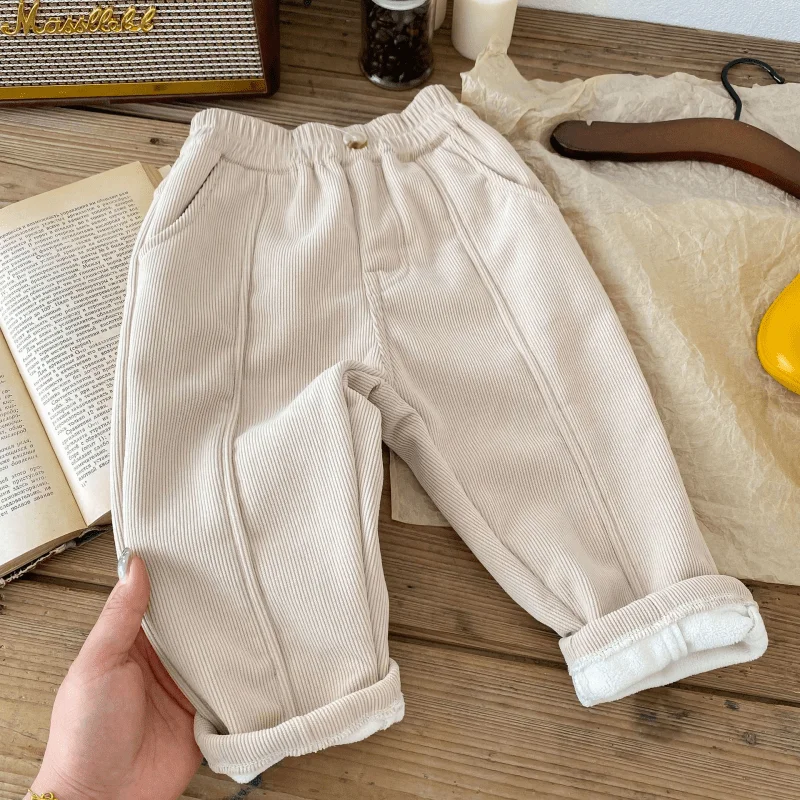 Baby Girl Boy Fleece Inside Pant Infant Toddler Child Middle Waist Corduroy Trouser Casual Solid Bottom Baby Clothes 12M-7Y