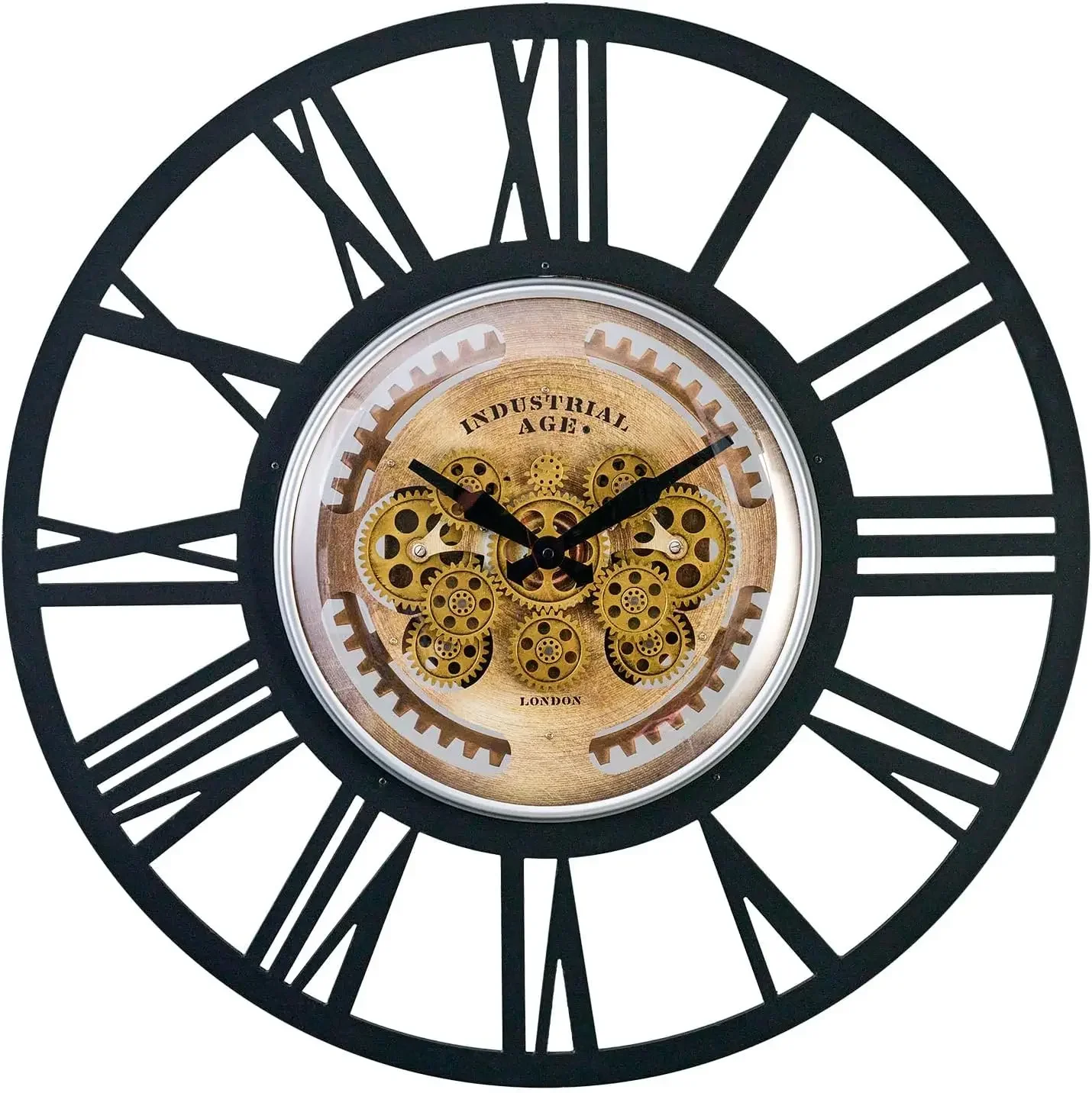 28in Large Wall Clock with Exposed Gears, Silent Roman Numeral | Non-ticking vintage industrial metal frame clock, moving gears,