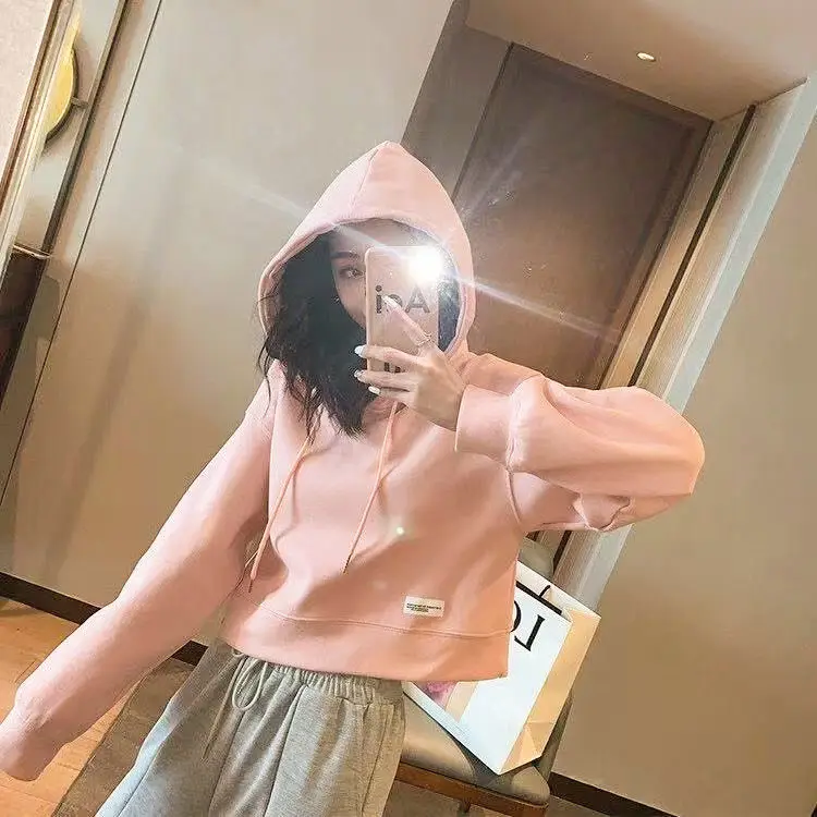 

Толстовки с капюшоном, одежда для женщин, вельветовые, темпераментные, расслабленные стили подкладки, с круглым воротником в корейском стиле для взрослых женщин