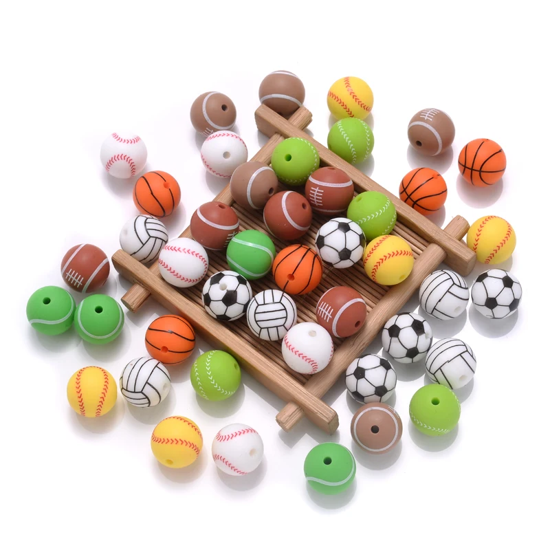 10Pcs 15mm Printed Silicone Beads Round Baseball Tennis Basketball Food Grade Teether Beads for DIY Baby Pacifier Chain Clip