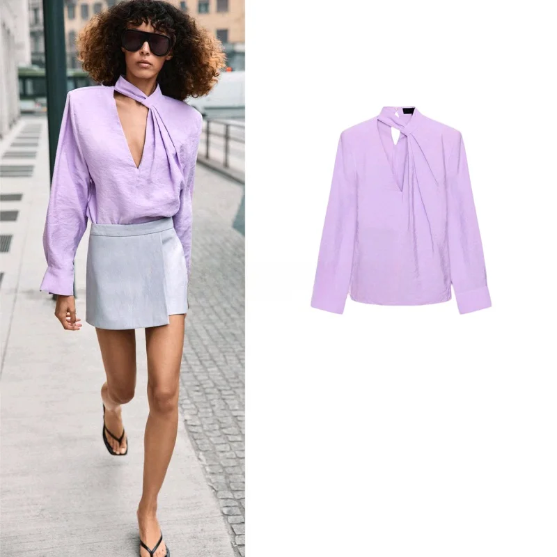 

Весенняя новинка: женская блузка в деловом стиле с длинным рукавом, высоким V-образным вырезом, подплечниками и драпировкой, из дышащего полиэфирного волокна