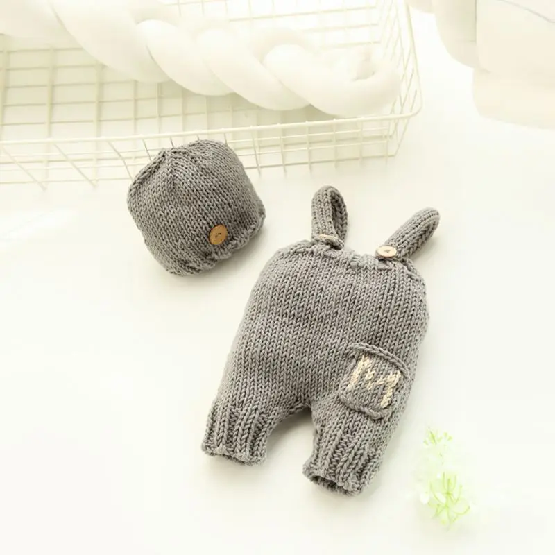 

Newborn Photography Suit Solid Color Overalls Knitted Hat Set Costume Props Clothing Baby Souvenirs A2UB