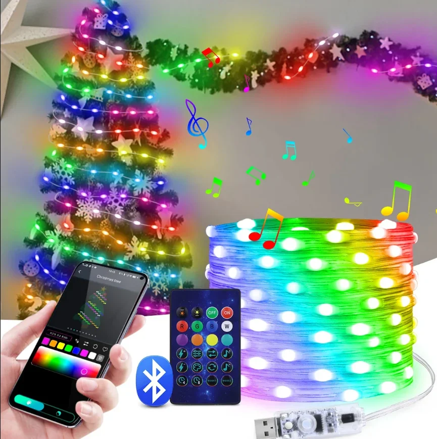 20M/10M/5M LED Solar String Lights IP65 Waterproof DIY Fairy Lights Smart Bluetooth Music APP for Christmas Birthday Party Decor