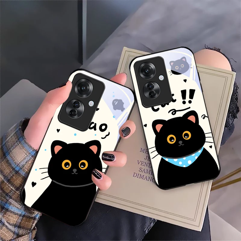 Cute Black Cat For Realme C65 61 55 67 Note 50 12 11 Pro Plus 10 4G Reno 11F 5G CE 4 Lite X3 Neo A96 Black glass phone case