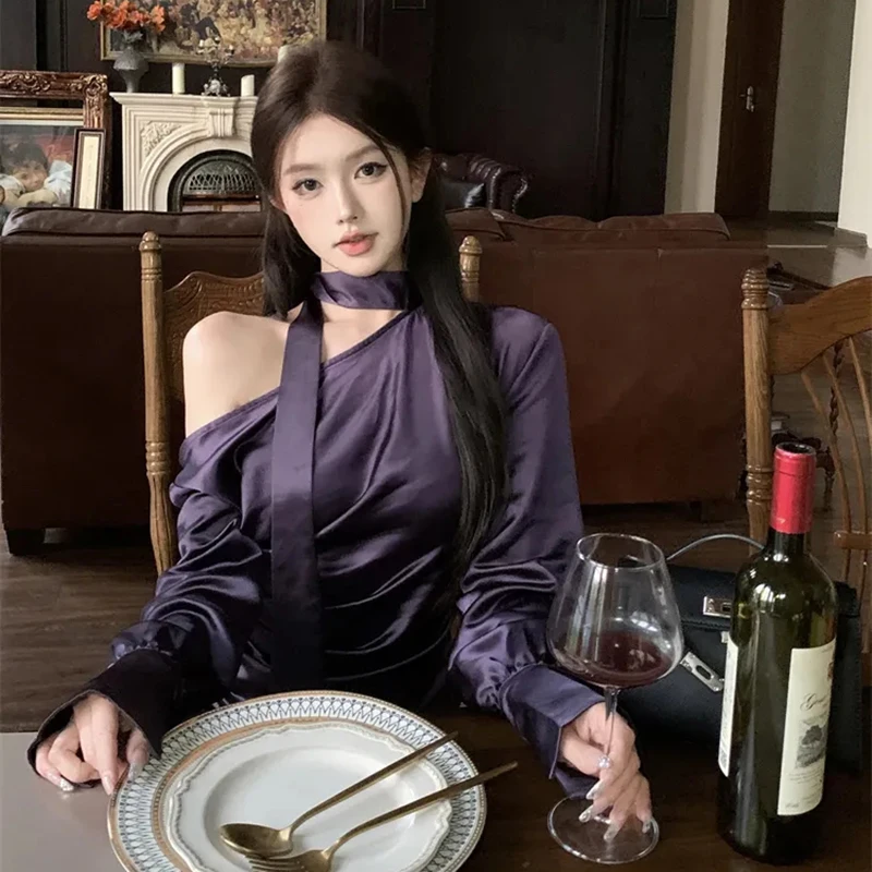 

Off Shoulder Satin Elegance Blouse Women Solid Tie Neck Ruffle Long Sleeve Shirt Slim Summer Chic Ribbon Premium Tops