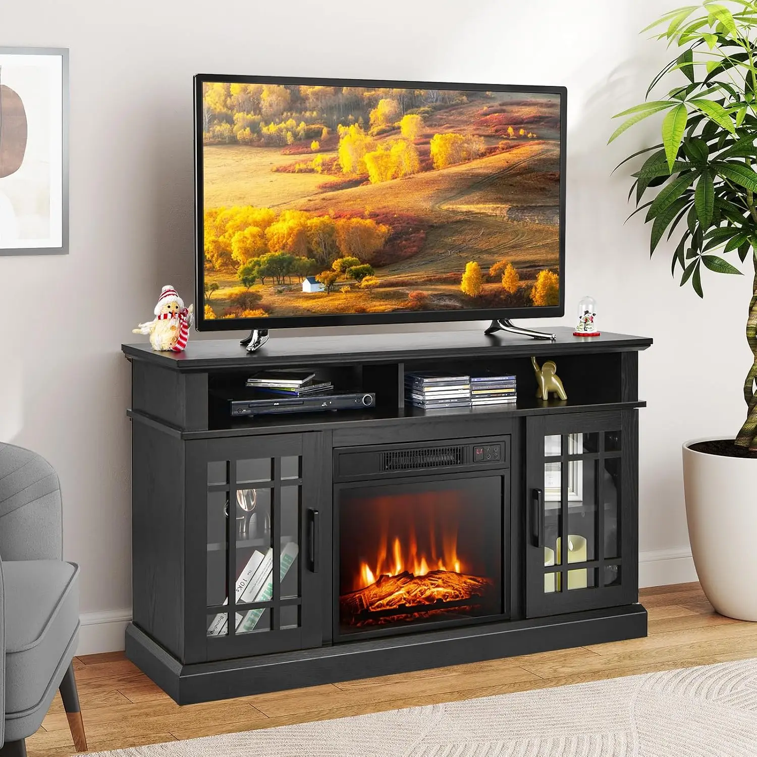 48'' Fireplace Stand for TVs up to 55 Inches, 18'' Insert (Black) | Electric Fireplace, Entertainment Center, Media, Customized