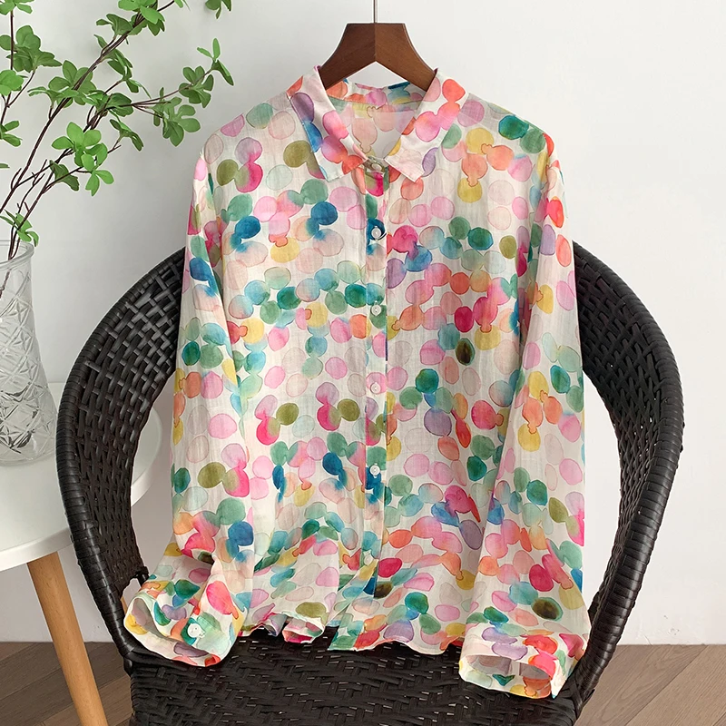 

Large Size Women's Shirt Spring Autumn New Style Printed Outerwear Artistic Loose Fit Breathable Long Sleeve Casual Top