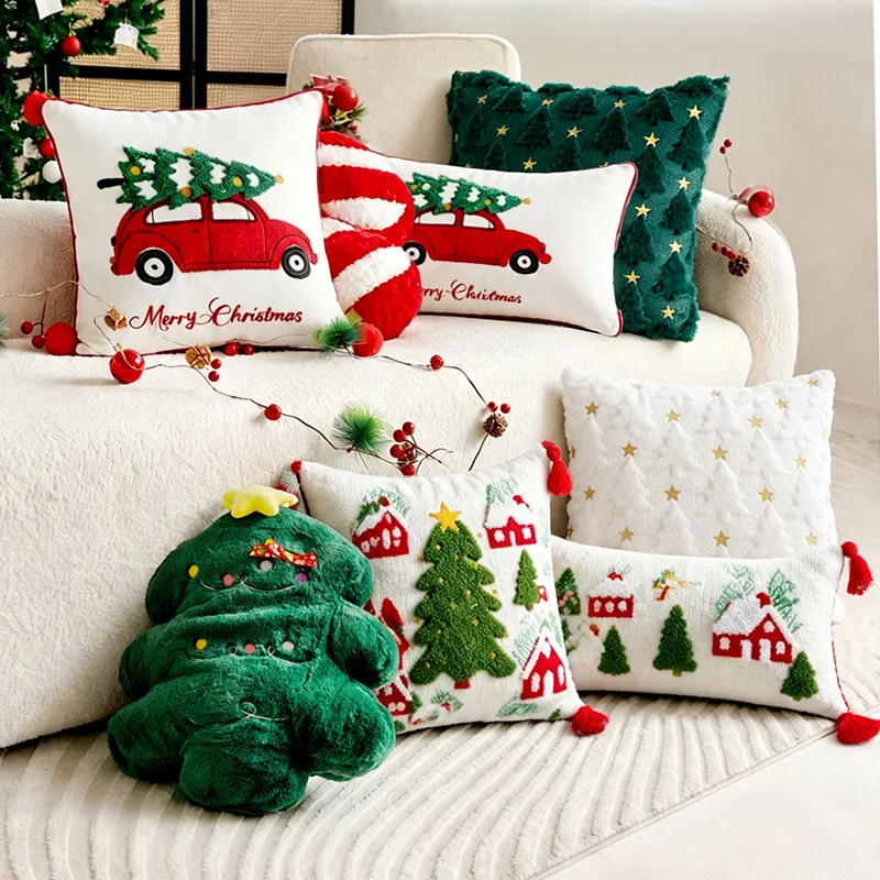 Christmas Cushion Cover Embroidered Throw Pillow Case with Tassel Plush Cushion Case for Sofa Living Room Festive Party Decor