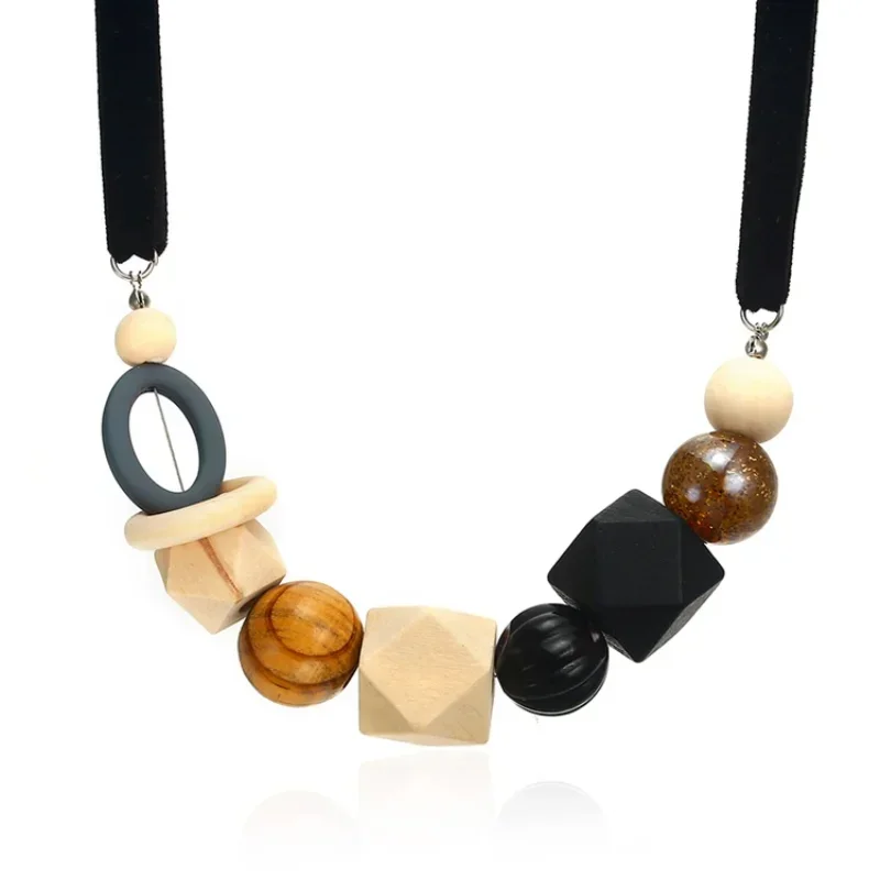 Geometric Round Wooden Bead Necklaces Adjustable Flannel Chain Women Personality Versatile Fashion Jewelry Birthday Party Gift