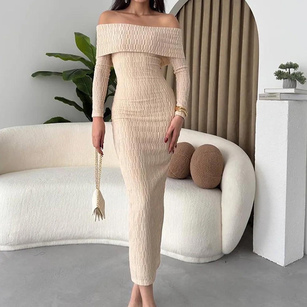 

Customized Graceful Jersey Straight Off the Shoulder Evening Dress Temperament Floor Length Long Sleeves vestidos de fiesta