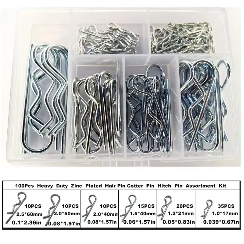 100PCS Cotter Pins r pins - Sturdy & Durable Alloy Steel - R- Shaped Heavy Duty Cotter Pin Assortment Kit in 6 Different Sizes