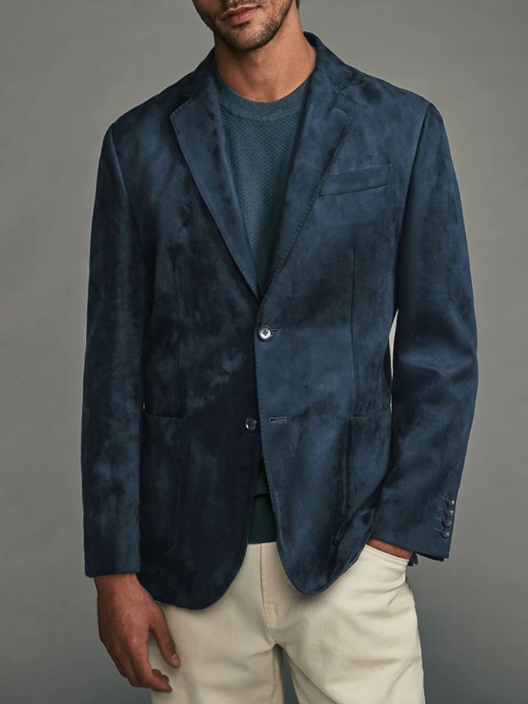 

Suede Blazer for Men Business Casual Style Double Button Turn Down Collar with Pockets Autumn Outerwear Coat Suit Jacket