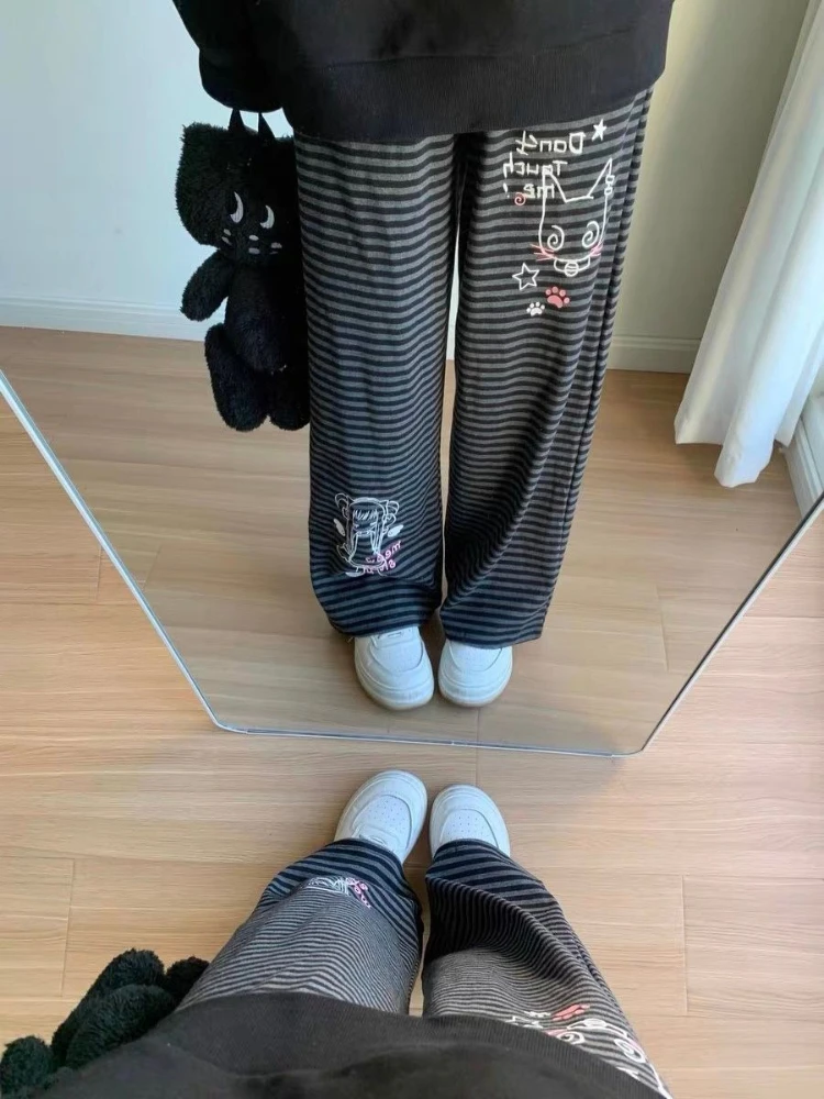 HOUZHOU Y2k Kawaii Gray Striped Graphic Women Pants Pink Cute Wide Leg Japanese Style Straight Trousers Baggy Casual All-match